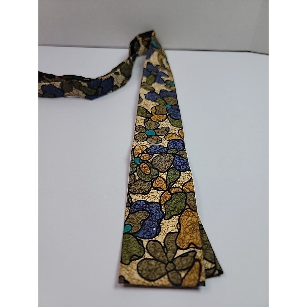 Hawaii Ernst Batik Floral Necktie Skinny Tie Blue Green Gold Abstract Flower - Picture 4 of 10